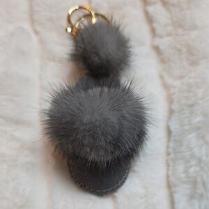Elegant Gray Fur Pom Pom Key Holder